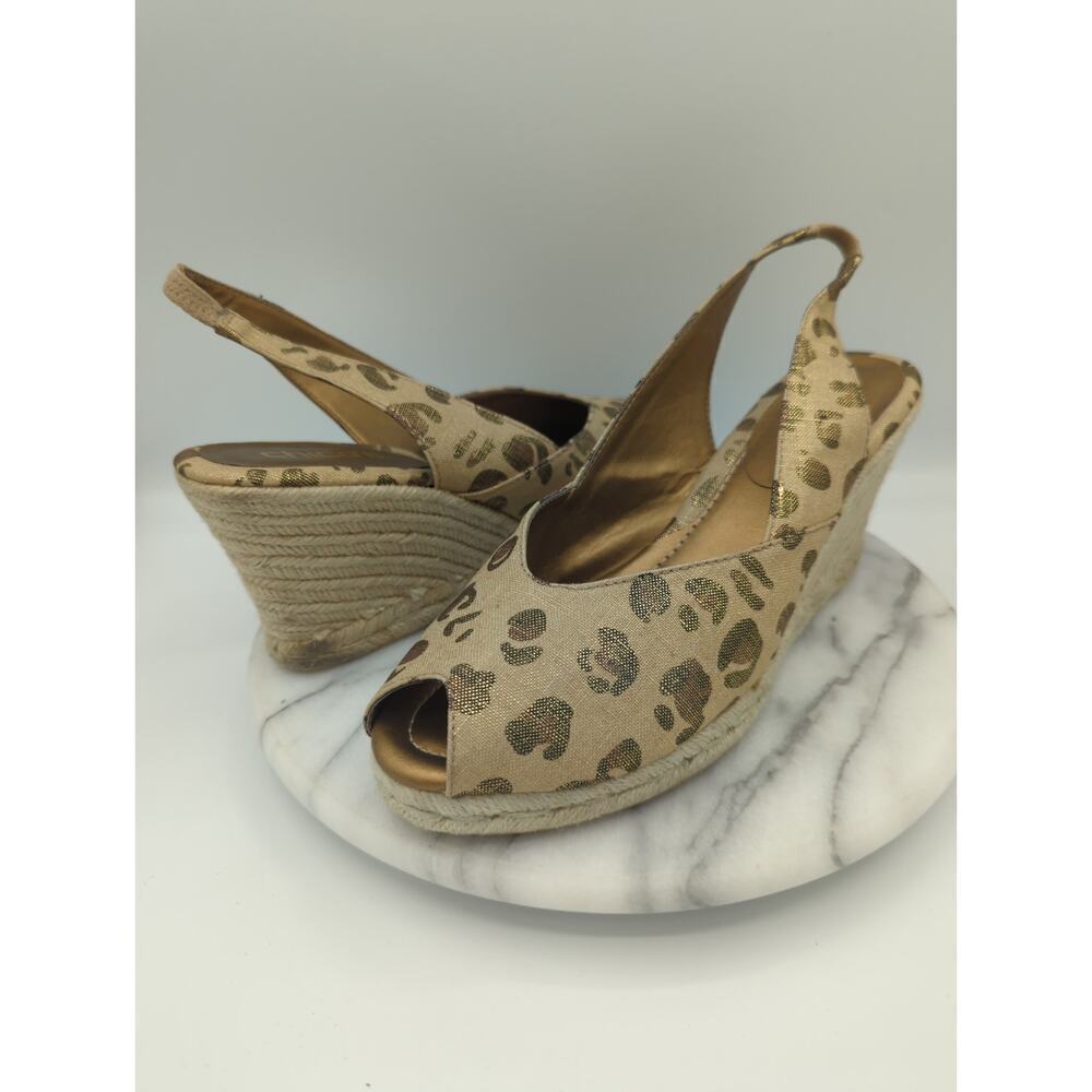 Chico’s Wedge 10 Metallic Animal Print Leopard Peep Toe Slingback Espadrilles